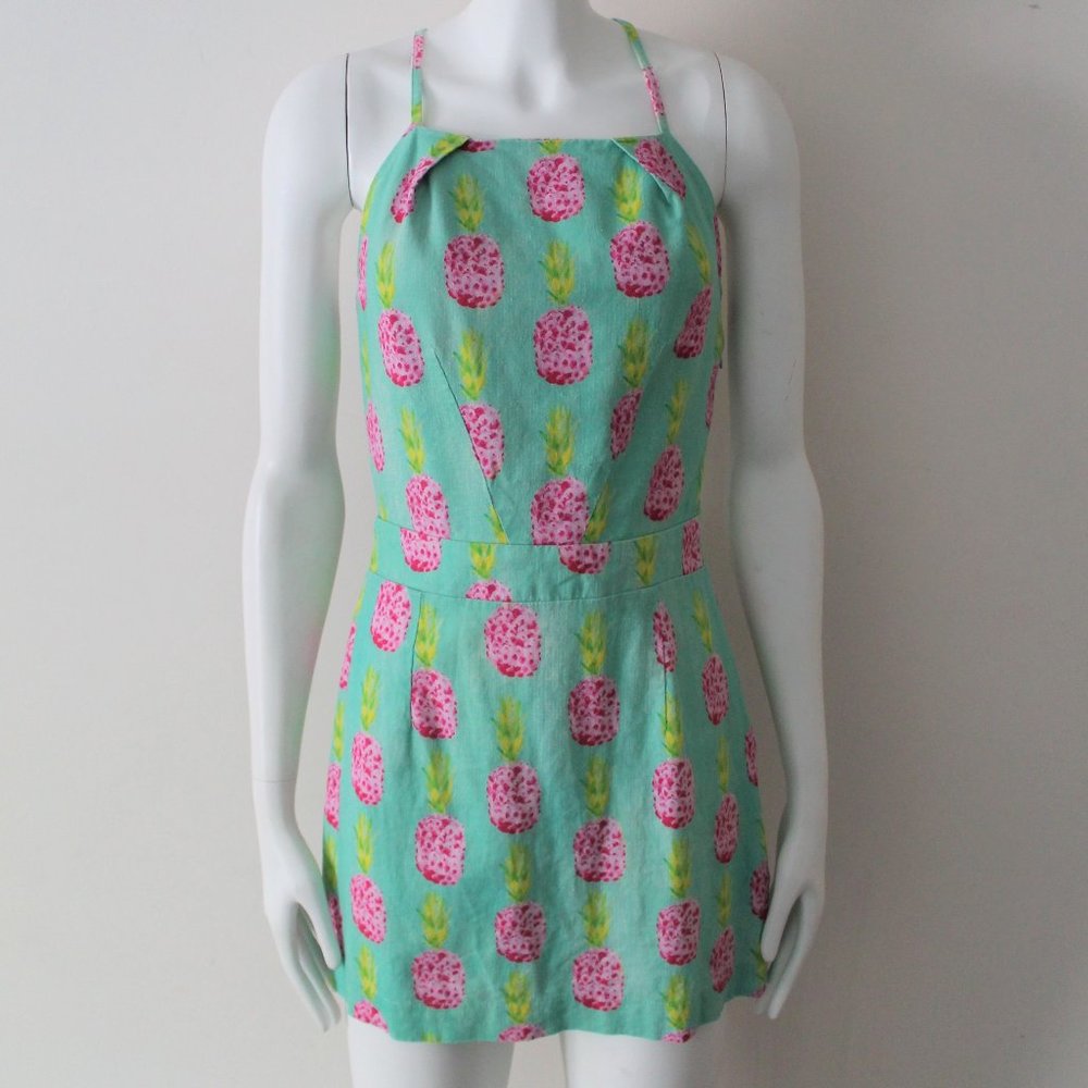 Farm Rio Pineapple Print Linen Blend Mini Dress / Small / Turqouise Pink Strappy